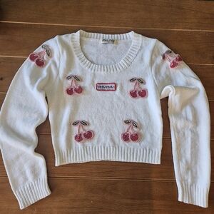 Miu Miu Cherry Embellished Cropped Sweater Y2K Runway Style Size XXS